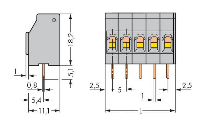 Technical drawing of a connector with dimensional specifications in millimetres: 18.2 height, 11.1 width, 5.4 depth; 5-pin connections.