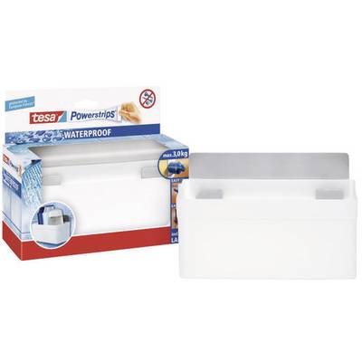 'Image of a waterproof power strip by Tesa with packaging. The strip can hold up to 3 kg and is suitable for use in damp areas.'