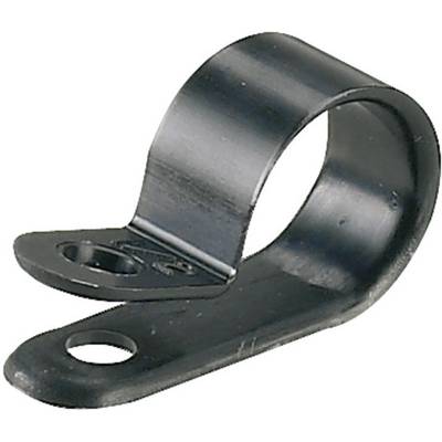 A black metal cable clip with a hole for fixing, curved to secure cables.
