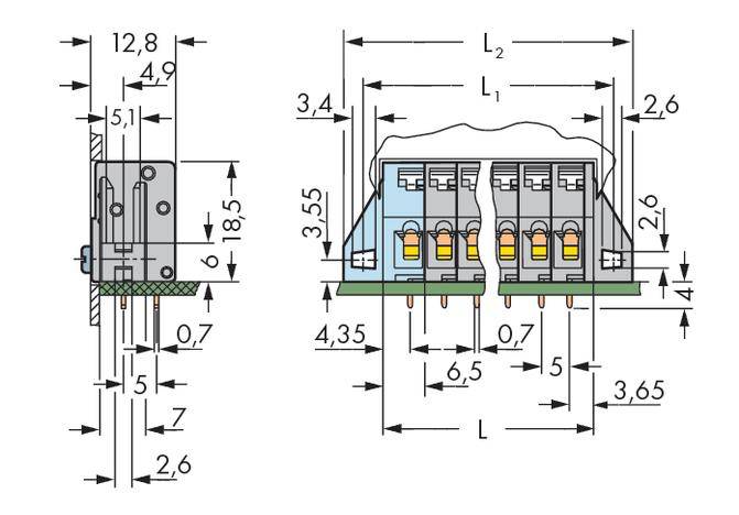 'Technical drawing of an electrical connector with detailed dimensions and view from the side and front.'