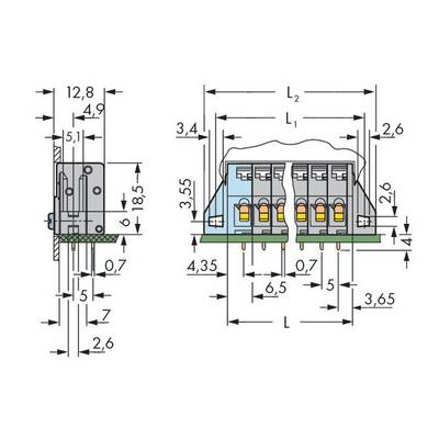 'Technical drawing of an electrical connector with detailed dimensions and view from the side and front.'