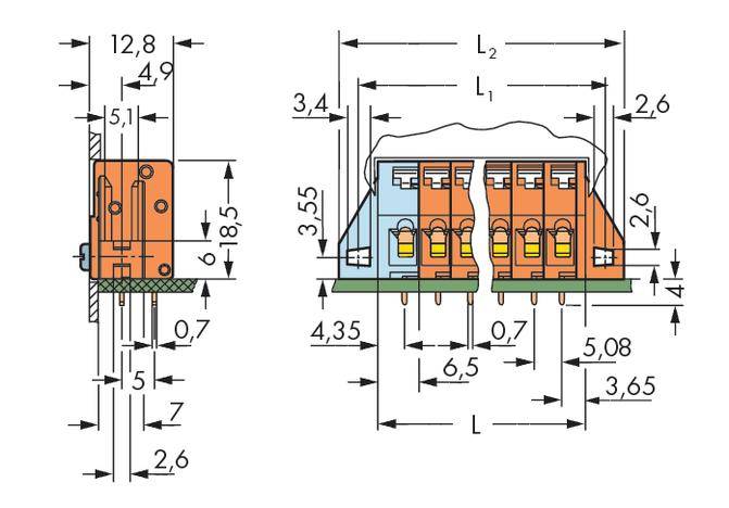 Technical drawing shows the dimensions of a multi-pin connector in side and front view with detailed measurement specifications.