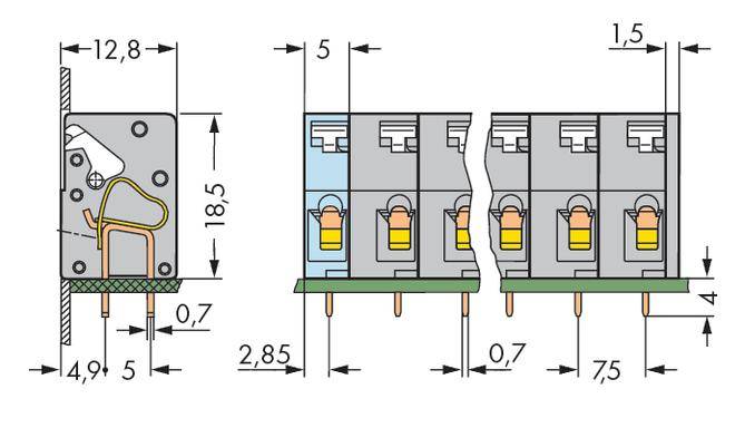 'Technical drawing of an electrical relay with precise dimensional specifications in millimetres. Shows detailed view of circuit components and pins.'