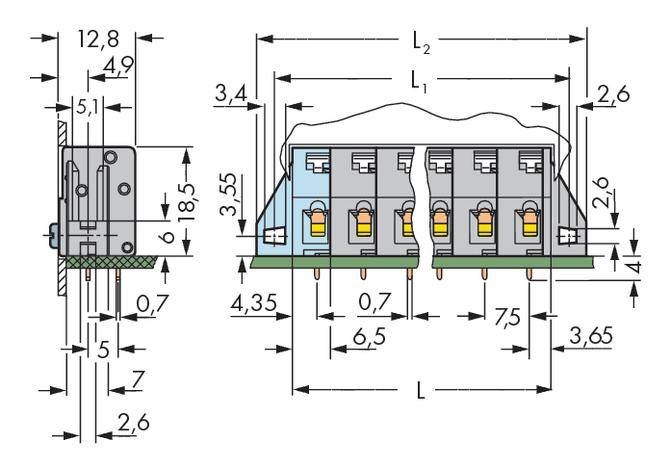 Technical drawing of an electrical connector with dimensions in millimetres. Shows front and side view with various measurements.