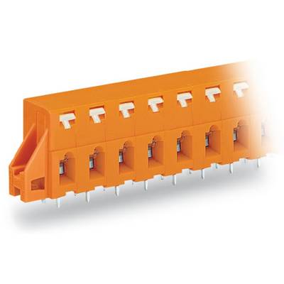 Electrical connector in orange, rectangular in shape with multiple contacts and mounting tabs.