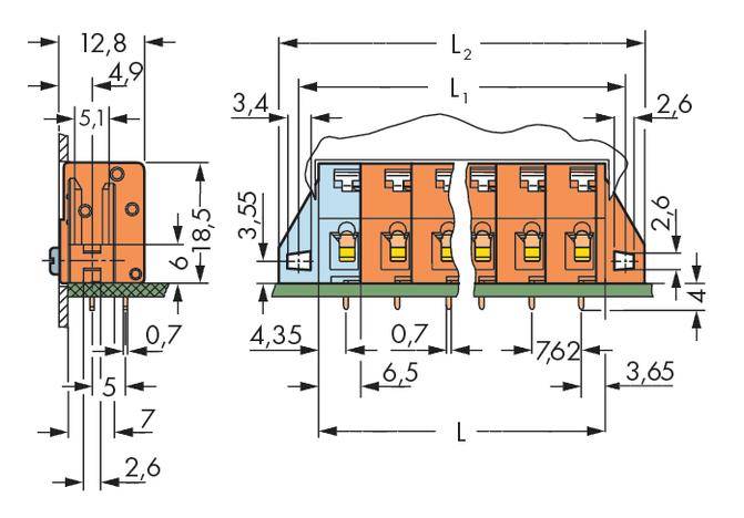 Technical drawing of an electrical plug with detailed dimensions in millimetres. Shows side and front view.