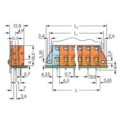 Technical drawing of an electrical plug with detailed dimensions in millimetres. Shows side and front view.