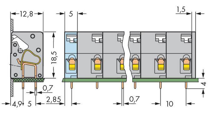 Circuit diagram of an electrical relay module with dimensions in millimetres, showing connections and internal wiring.