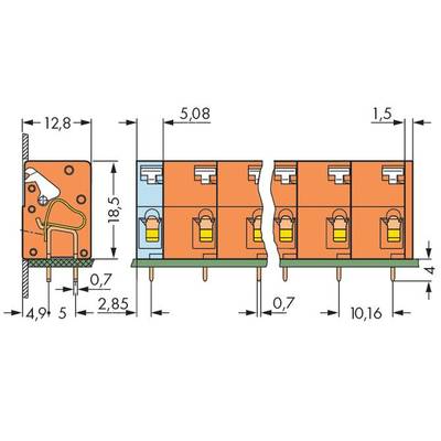 A diagram of an electronic circuit plan shows the dimensions and pins of a relay module, with various spacings and heights.