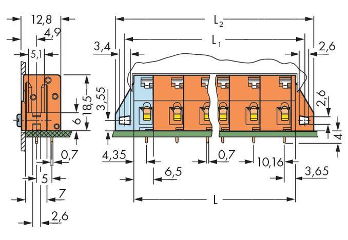 Technical drawing of an electrical connector with dimensions and labels. Detailed lines and spacing are shown.