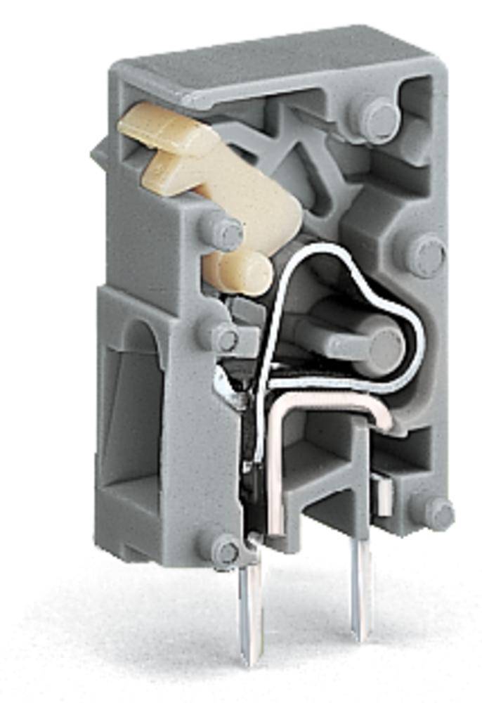 Grey electrical connection with metallic connectors and a plastic clip inside, side view.