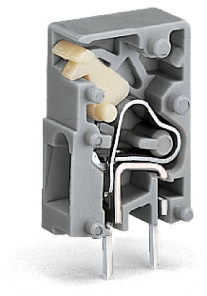 A grey electrical switch with two metal pins and a beige-coloured lever. Commonly used in electrical devices.