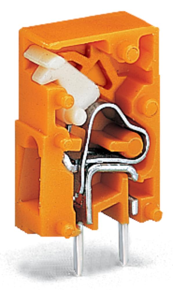 An orange electrical connector with two metal pins and internal white and metallic components, partially opened.