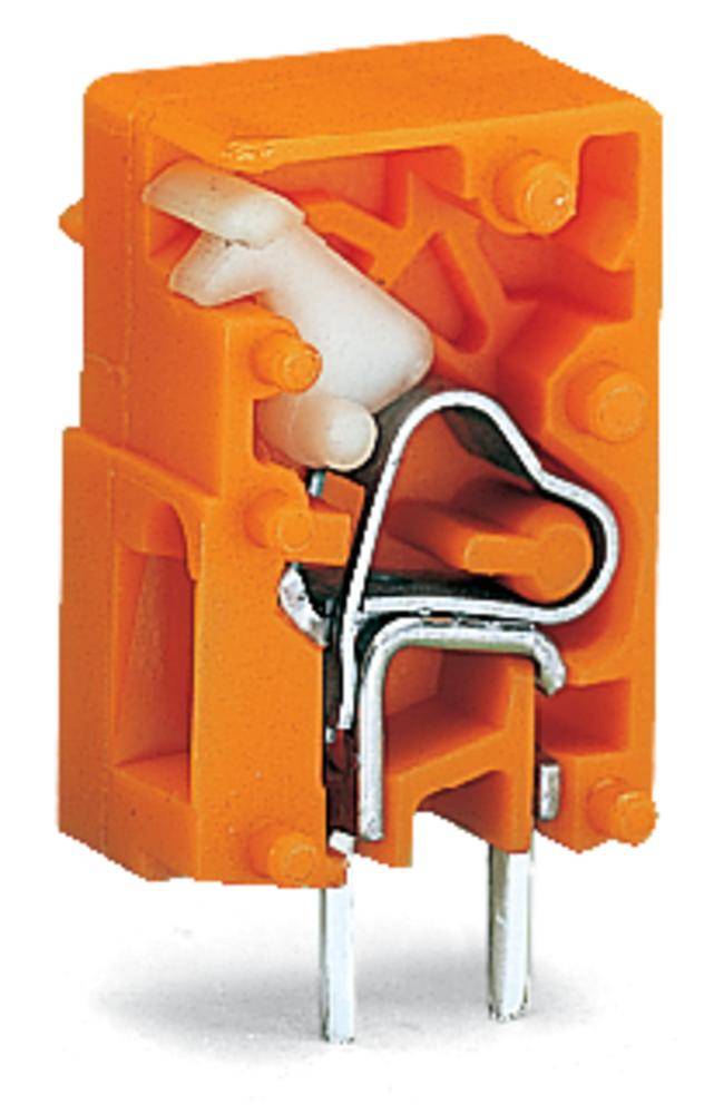 An orange electrical connector with a metal clip and two pins for securing in a circuit.