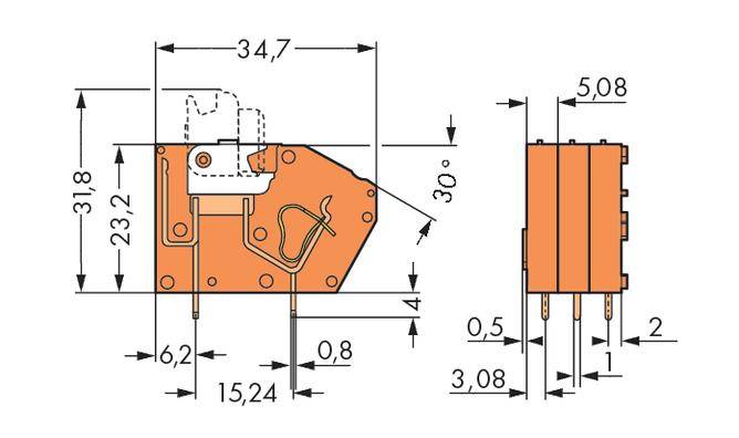 Technical drawing of an electrical switch with dimensions in millimetres, including side and front views.