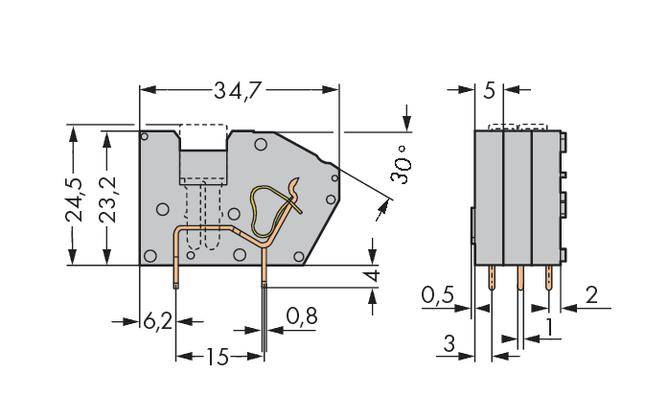 Technical drawing of an electrical component with dimensions. Shows length, width and angles. Measurements in millimetres.