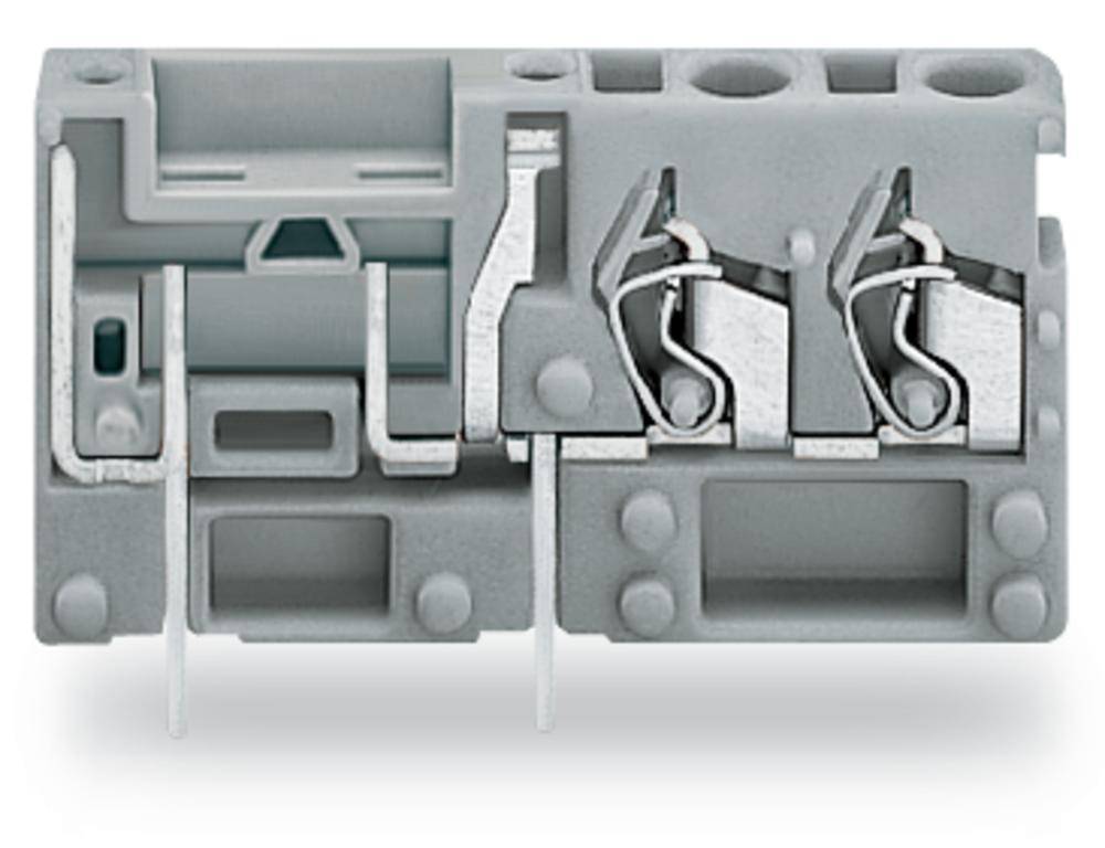 Grey electrical terminal block with two metal contacts and mounting brackets, suitable for installation on printed circuit boards in electronic devices.