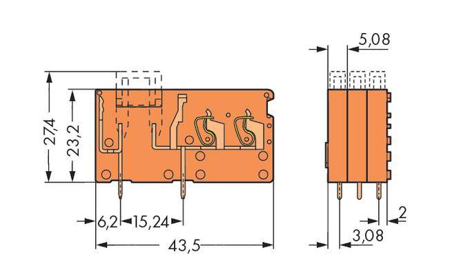 Drawing of an electrical relay with dimensions: Length 43.5 mm, Height 27.4 mm, Width 15.24 mm. Side view and front view.