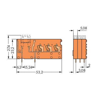 Technical drawing of an electrical relay with dimensions: Height 27.4 mm, Width 53.2 mm, Depth 15.24 mm. Front and side view.