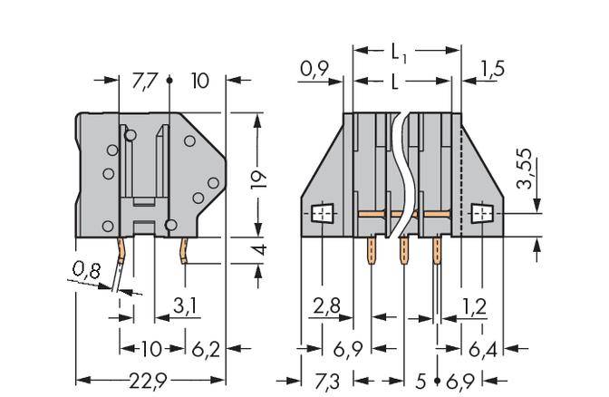 Technical drawing of an electrical switch with dimensions in millimetres. Shows front and side views with detailed measurements.