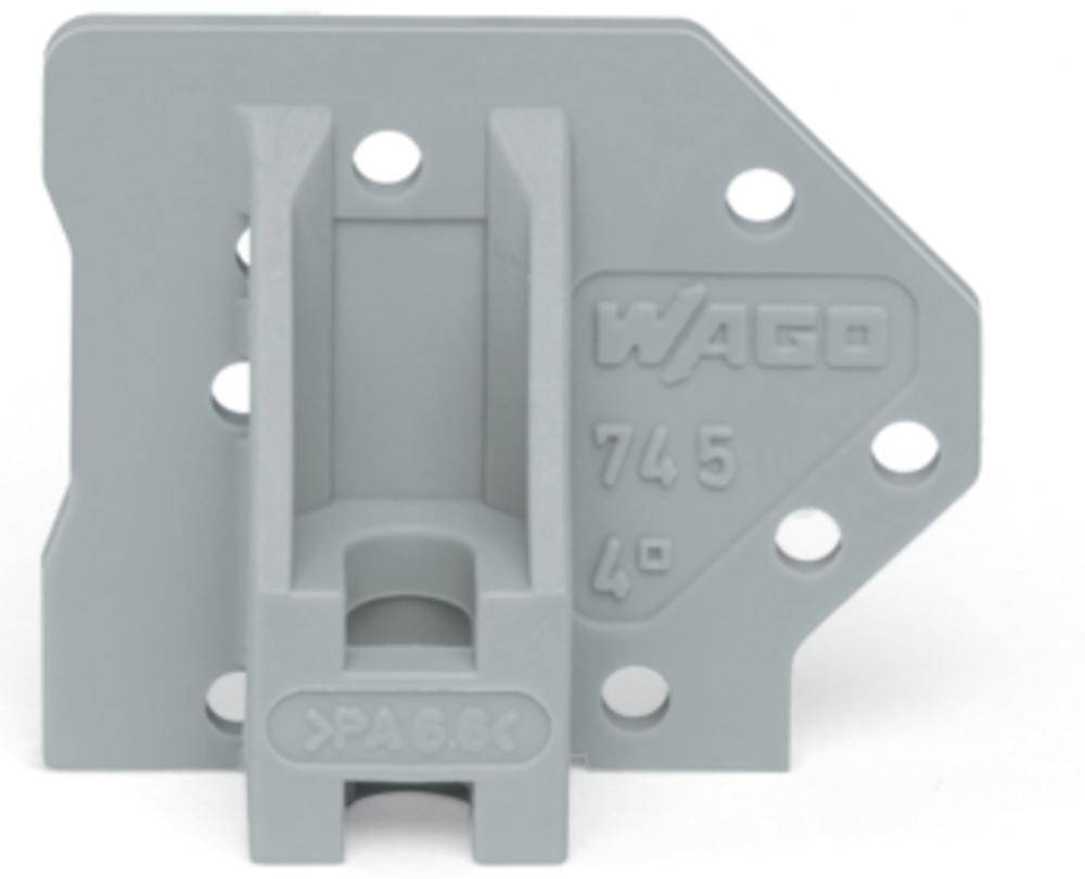 Grey plastic mounting bracket with 'WAGO 745 4°' inscription and multiple holes serving as a mounting fixture.