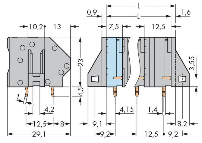 Technical drawing of an electrical switch with dimensions in millimetres, showing side and front view with detailed measurements.