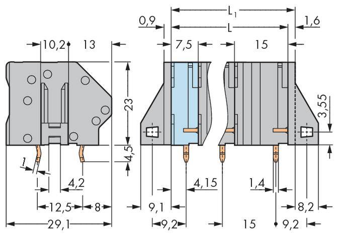 Technical drawing of an electrical component with dimensions in millimetres. Shows front and side view with detailed measurements.