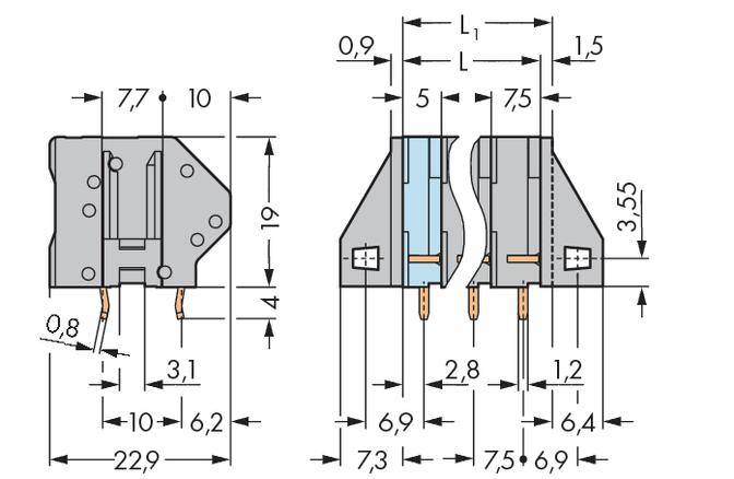 Technical drawing of an electrical connector with dimensions in millimetres. Shows the top view and side view with detailed measurements and spacing lines.