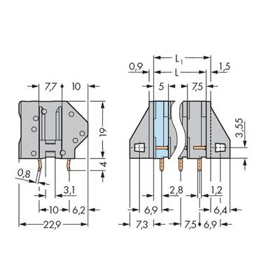 Technical drawing of an electrical connector with dimensions in millimetres. Shows the top view and side view with detailed measurements and spacing lines.