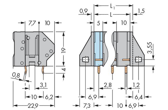 Technical drawing of an electrical connector with detailed dimensional specifications in millimetres, showing both front and side views.