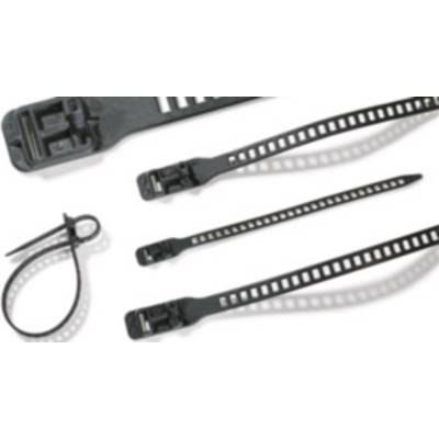 Several black cable ties of different sizes are arranged on a white background.