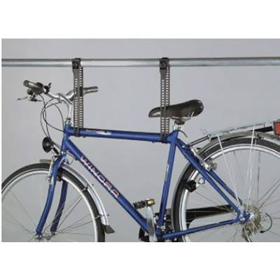 A blue bicycle hangs on two vertical hooks on a metal pole.