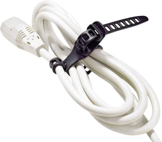 A white cable is neatly tied together with a black cable tie.