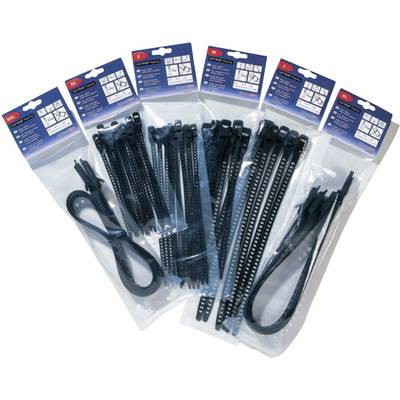 Five packets of black cable ties in various sizes, lined up with usage instructions on the packaging.
