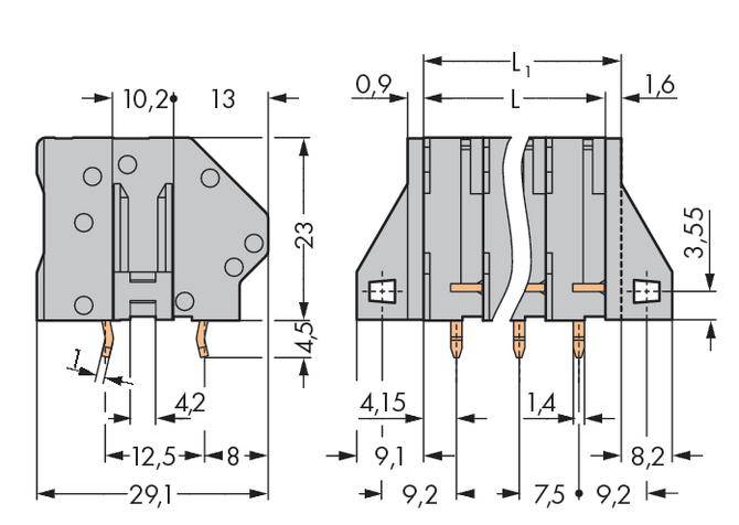 Two technical drawings of an electronic connector with multiple dimensions in millimetres; left view from above, right side view.