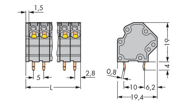 Technical drawing of two electrical connectors with precise dimensional specifications in millimetres, side and front view.