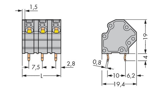 Technical drawing of an electrical connector with dimensions: 1.5 cm width, 19.4 cm overall depth, 19 mm height.