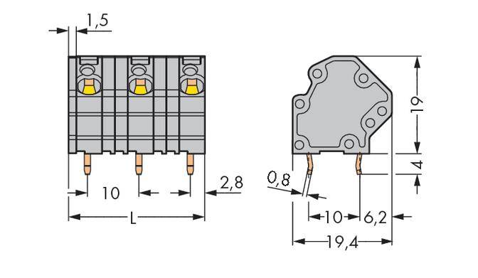 Technical drawing of a connector, showing dimensions in millimetres: width 10, depth 19.4, height 19. Connection pins at the bottom.