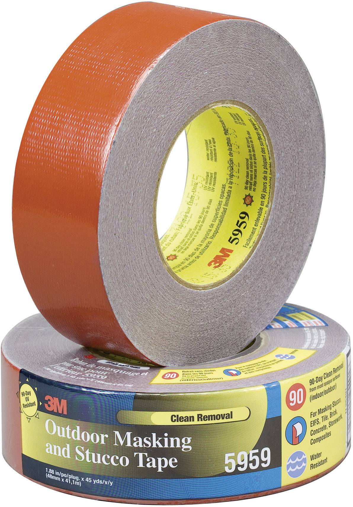Two rolls of 3M adhesive tape: one standing upright, the other lying down. Packaging text 'Outdoor Masking and Stucco Tape 5959'.