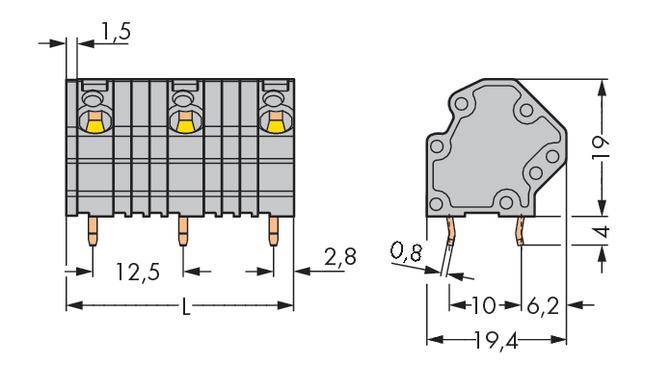 Technical drawing of a connector with dimensions: width 12.5 mm, height 19 mm, depth measurements 1.5 mm, 2.8 mm and 4 mm.