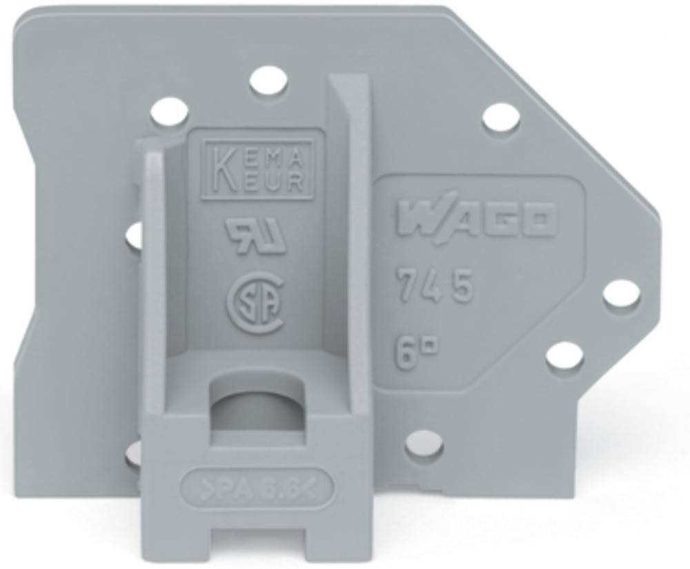 Grey plastic mounting part with printed markings and symbols, including 'KEMA KEUR' and 'WAGO 745'.