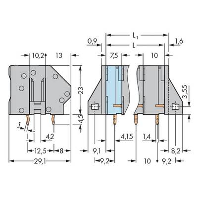 Technical drawing of an electrical component with dimensions in millimetres. Width 29.1 mm, height 23 mm, detailed representation of side views.