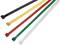 Five cable ties in different colours: black, yellow, red, green, and white, lying parallel and side by side on a white background.