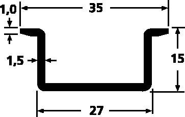 Schematic representation of a U-shaped profile with dimensional specifications: Height 15 mm, Width 35 mm, Base width 27 mm, Material thickness 1.5 mm.