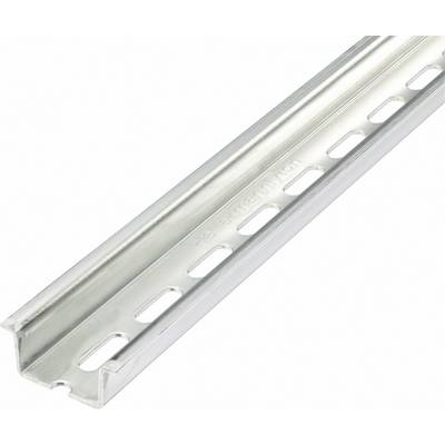 Metal rail with evenly distributed elongated holes.