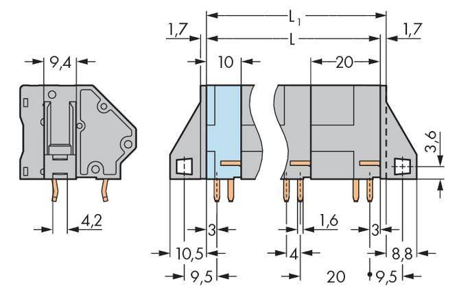 'Technical drawing of an electronic component with dimensions and connection details of 9.4 mm, 42 mm, 10 mm, and 20 mm.'