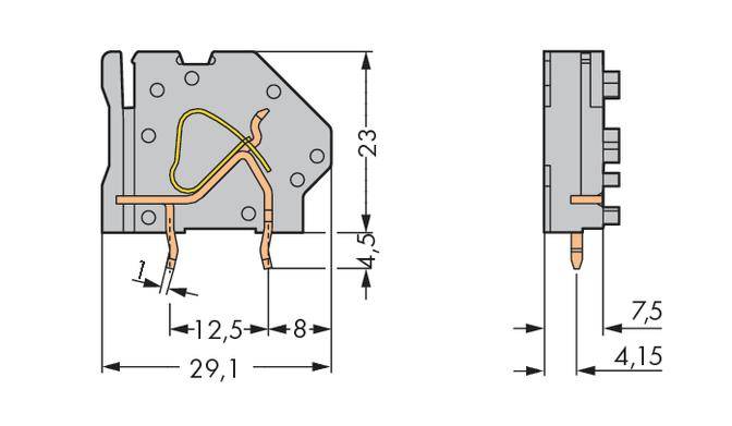 Technical drawing of an electrical component with precise dimensions in millimetres, including overall length 29.1 mm and height 23 mm.