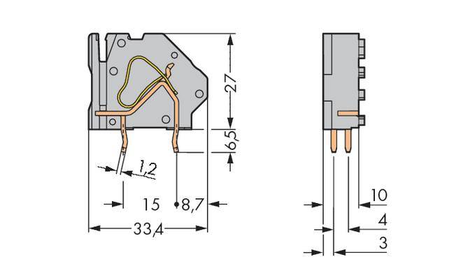 Technical drawing of a relay with dimensions: width 33.4 mm, height 65 mm, depth 27 mm. Connection details and internal circuits shown.
