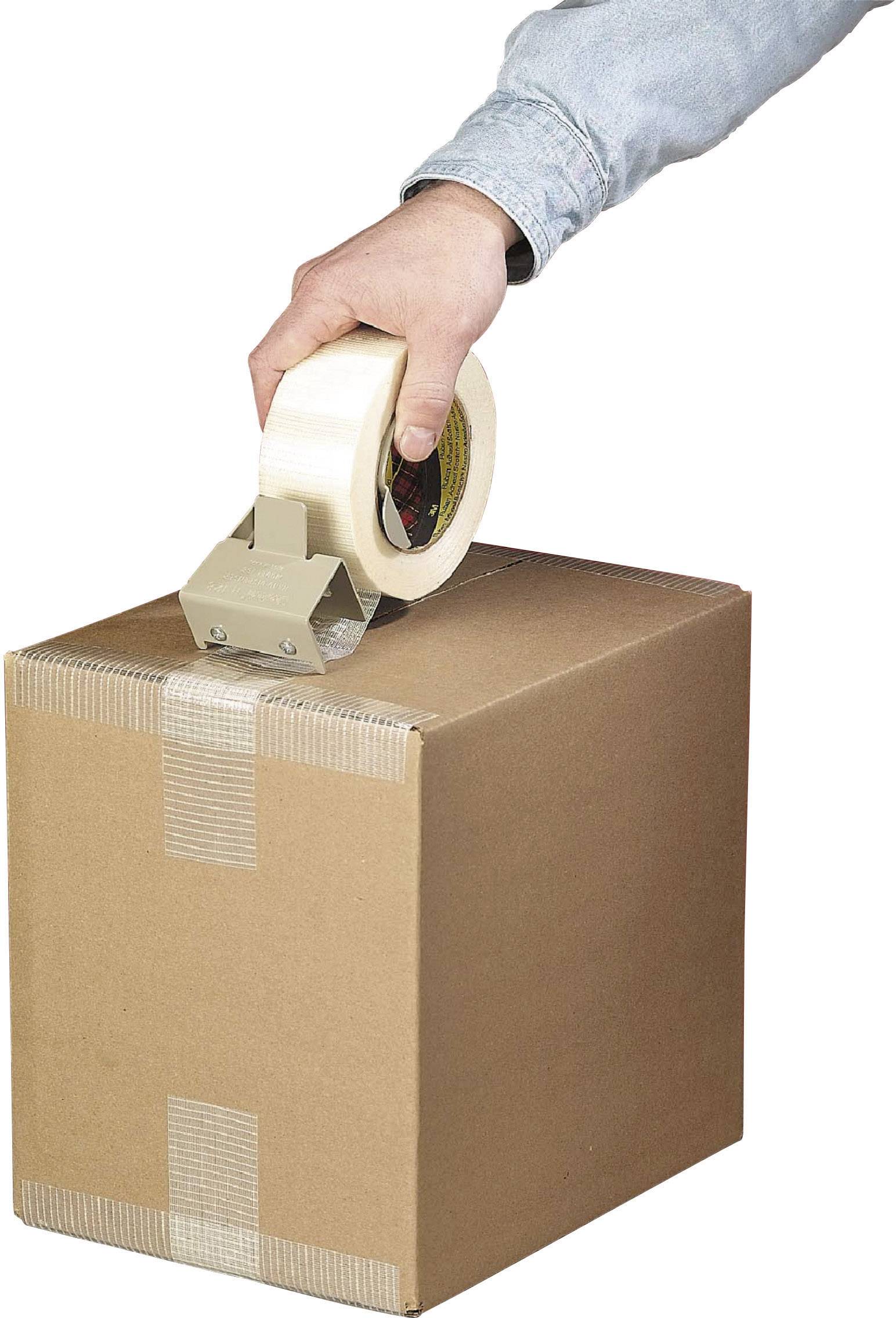 A person is sealing a cardboard box with parcel tape. The hand is holding a tape dispenser while closing the box at its edges.