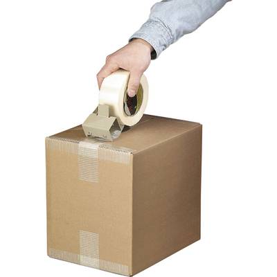 A person is sealing a cardboard box with parcel tape. The hand is holding a tape dispenser while closing the box at its edges.